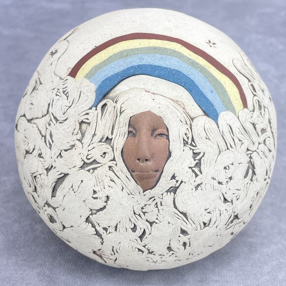c.1995 Jude Holdsworth Rainbow Face Trinket Box 5.5" x 5" Art Pottery No Stamp - Picture 8 of 12